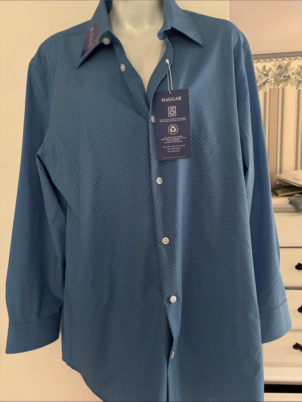 Haggar Teal Blue Dot-Pattern Men's Dress Shirt